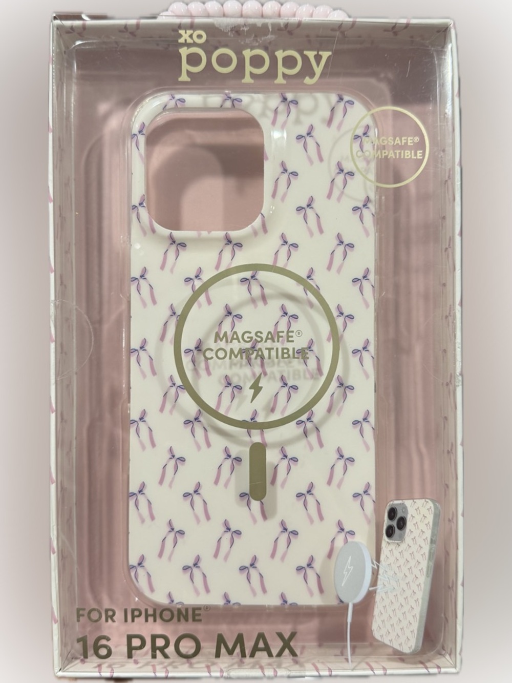 xo Poppy MagSafe-Compatible Pink Ribbon Pattern iPhone 16 Pro Max